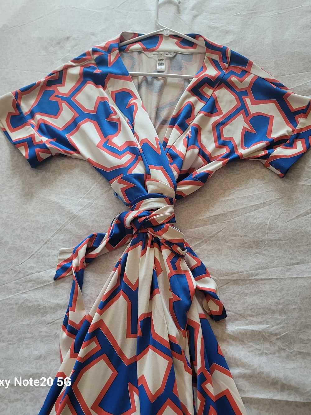 Diane Von Furstenberg Coral Blue Cream Geometric Wrap Dress